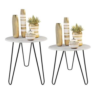 Imagem de 2 Mesa Lateral Canto Tati 52cm Pe Hairpin duplo 3/8 - Jthome, Branco