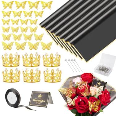 Imagem de MAGIDOVE 156 peças de buquê de papel de embrulho, buquê de flores, acessórios com alfinetes, fitas, borboletas 3D, mini coroas, topper, cartões comemorativos