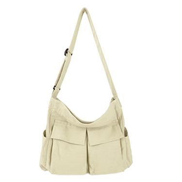 Imagem de Bolsa de lona, bolsa tiracolo Hobo, bolsa carteiro de grande capacidade, com vários bolsos, bolsa de ombro casual para mulheres e homens, Bege A