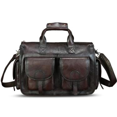 Imagem de Bolsa mensageiro de couro genuíno e maleta masculina de couro verdadeiro, bolsa de ombro com alça superior para alça de laptop, Café