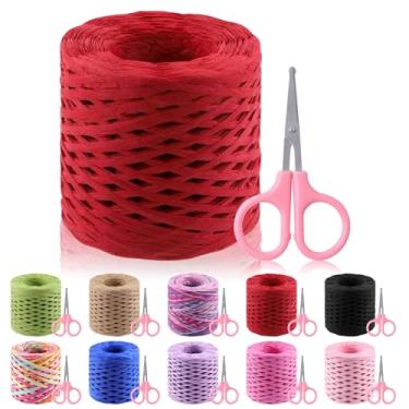Imagem de Glarks Fita de ráfia de 200 m com conjunto de tesouras, fita de papel de ráfia vermelha para artesanato, fita de ráfia natural, fita de embalagem Kraft para embrulho de presente, materiais de