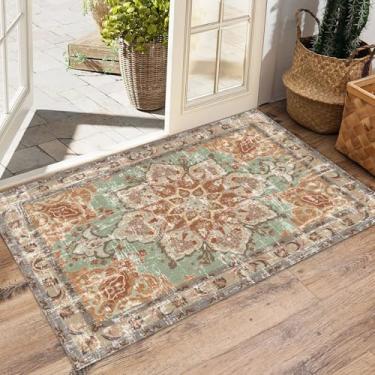 Imagem de Vhong Boho Tapetes laváveis vintage neutro moderno tijolo 2x3 tapete antiderrapante pequeno tapete para corredor banheiro entrada