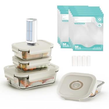 Imagem de 18 peças seladoras a vácuo elétricas, recipientes de armazenamento de alimentos de vidro borossilicato, hermético premium, mini bomba de vácuo portátil com 3 recipientes, 10 sacos de selagem