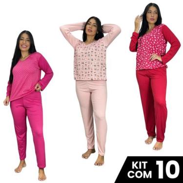 Imagem de Kit 10 Pijamas Blusa Manga Comprida Estampada e Calça Lisa Confortável
