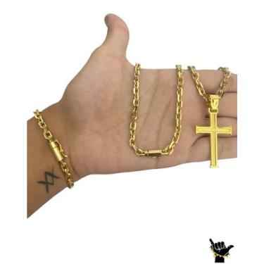 Imagem de Corrente Cadeado 5mm + Pulseira + Pingente - Banhado a Ouro - Tojoia18