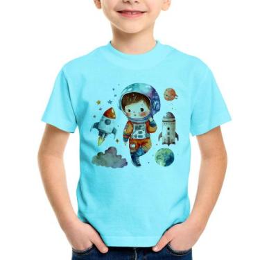 Imagem de Camiseta Infantil Astronauta Criança e Foguetes - Foca na Moda, Azul c