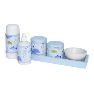 Imagem de Kit Higiene Slim Azul Garrafa Pequena Capa Fundo Do Mar Quarto Bebê In