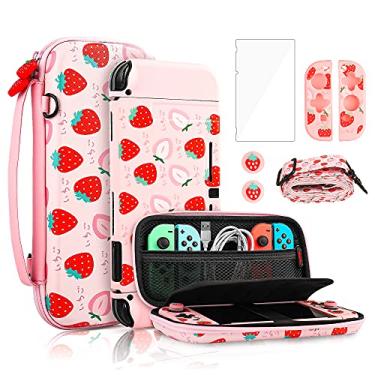 Imagem de FANPL Conjunto de estojo de transporte rosa para Nintendo Switch, lindo conjunto de acessórios para Switch com capa rígida de viagem, capa de TPU macia, alça ajustável, protetor de tela, tampas de polegar (lindo morango rosa)
