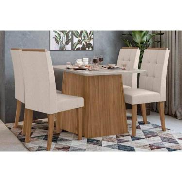 Imagem de Sala de Jantar Completa Nevada Tampo Madeirado 130cm e 4 Cadeiras Celebrare Amendoa/Off White - Suede Creme - Lopas