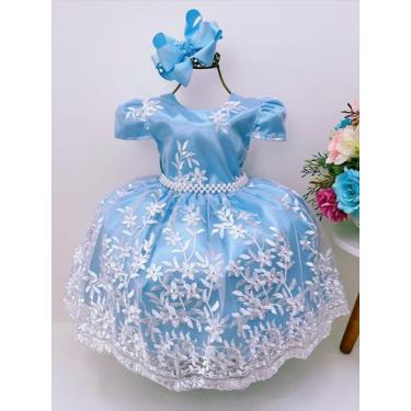 Imagem de Vestido infantil azul renda branca realeza cinto pérolas - enjoy, 03
