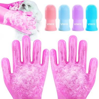 Imagem de VIWIK Luvas de banho para cães com 4 unidades de escova de dentes para cães, kit de cuidados para cães, escova de dentes de dedo para cães pequenos, médios e grandes, luvas de silicone para lavagem de