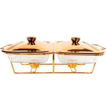 Imagem de jinsongdafa Caçarola retangular 2 em 1 assadeira de vidro, com tampa de aço inoxidável e prateleira dourada, 1,3 L x 2 peças assadeira para caçarola e lasanha, lava-louças, forno, freezer, microondas