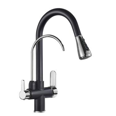 Imagem de Torneira de cozinha com filtro, latão níquel escovado, torneira de cozinha com água pura, estilo pull out, torneira de cozinha giratória, quente e fria, cromo preto
