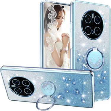 Imagem de Ephoou Capa fina para Honor Magic 7 Pro (não Magic7) 17.3 cm, capa de silicone macio com design floral de flores de diamante brilhante com suporte de anel para Honor Magic7 Pro HSF-azul