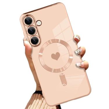 Imagem de AIGOMARA Capa magnética feita para S25 [compatível com carregamento sem fio] Design de coração TPU macio galvanizado capa fina antiarranhões à prova de choque para mulheres - Rosa