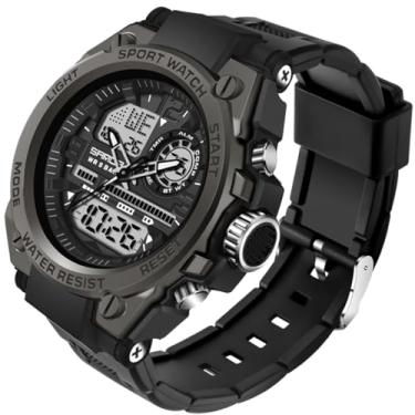 Imagem de PINIDOUS Relógios masculinos para esportes ao ar livre, à prova d'água, relógio militar, analógico, digital, tática, com alarme de LED, cronômetro, carrilhão de hora em hora, relógios de pulso