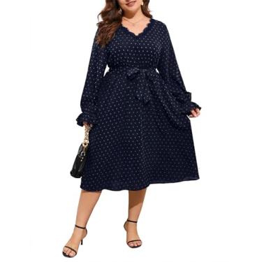 Imagem de ShopWonder Vestido feminino plus size com decote em V, manga comprida, ponto suíço, boho, cintura império, babados, rodado, evasê, midi, Azul marinho, 4G
