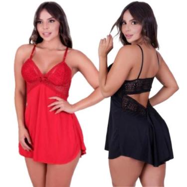 Imagem de Kit 2 Camisola Feminina Decote Nas Costas Sensual Com Renda Sem Bojo L