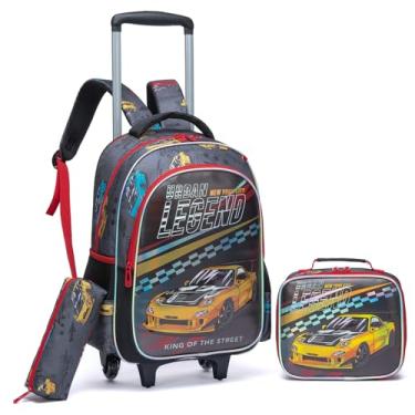 Imagem de Egchescebo Mochila Escolar Infantil com Rodinhas para Menino Crianças Rodas Rodinha Bolsa de Garoto Viagem Mala Carrinho 17” 3PCS Lancheira Juvenil Estojo Costas Divertidamente Carro Amarelo