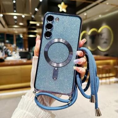Imagem de Capa magnética com cordão transversal com glitter para Samsung Galaxy S25 S24 S23 S22 S21 FE Plus Capa traseira de TPU ultramacio, S azul, para S24