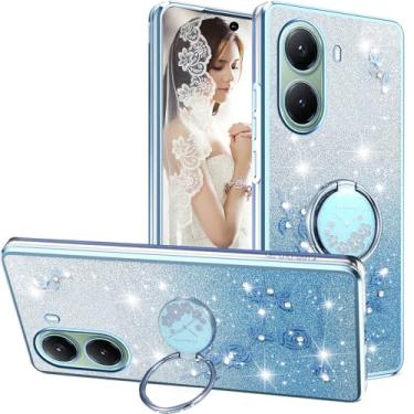Imagem de Ephoou Capa para Xiaomi Poco X7 Pro 5G com suporte de anel, flores brilhantes brilhantes com design floral de glitter TPU transparente macio para Xiaomi Poco X7 Pro HSF-azul