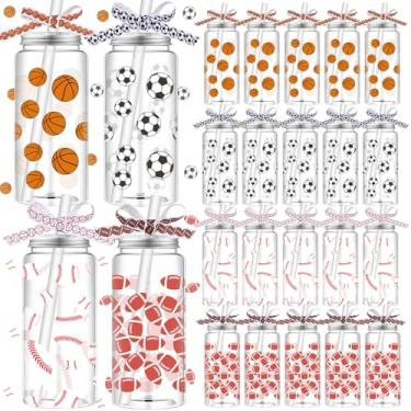 Imagem de Hushee 24 copos de plástico esportivos de 402 g com tampa e canudo basquete futebol beisebol futebol copos de plástico transparente com 4 fitas temáticas esportivas copos reutilizáveis para presentes