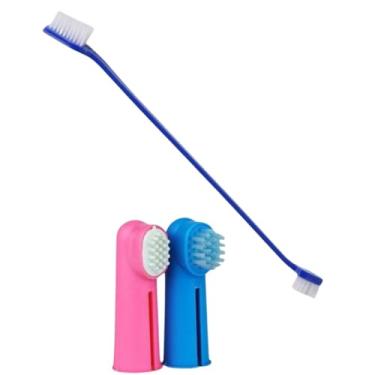 Imagem de KIT Escova Dente Pet 3 Escovas de Dente para Cachorro e Gato 1 Escova Dupla + 2 Escovas de Dedo de Silicone