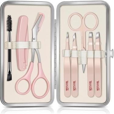 Imagem de TsMADDTs Pinças para cabelo facial feminino, kit de sobrancelha 8 em 1 com pinças, tesoura de aparador de sobrancelha, lâmina, escova com bolsa de viagem, ferramentas de beleza diárias para arrancar o