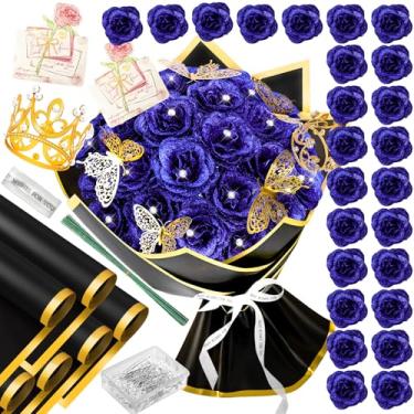 Imagem de Buquê de 28 rosas com glitter azul – buquê de flores artificiais com alfinetes Diomand, kit de buquê de flores falsas de rosas azuis DIY - Arranjo de flores brilhantes para o dia dos namorados,