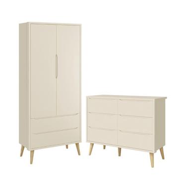 Imagem de Jogo de Quarto Infantil Theo Guarda Roupa 2 Portas e Cômoda 6 Gavetas com Pés Madeira Natural - Reller Móveis Areia Fosco