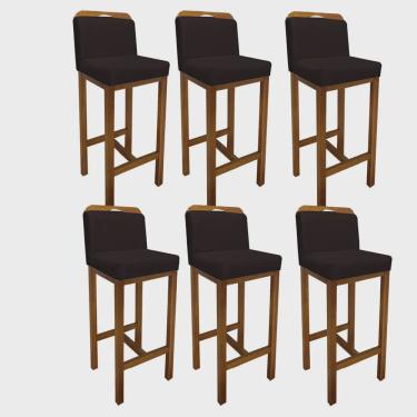 Imagem de Kit 06 Banqueta Alta Com Encosto Zion Cozinha Balcão Bistrô Base Madeira Castanho Corino Marrom - Ahz Móveis