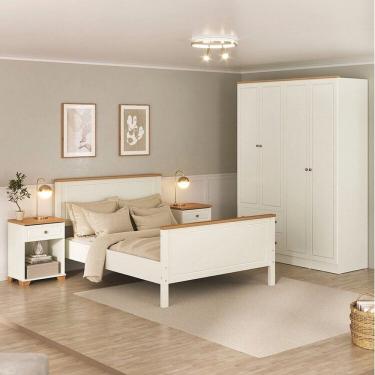 Imagem de Conjunto Cama Casal, Guarda-Roupa 4 Portas 2 Mesas de Cabeceira Ananda CabeCasa MadeiraMadeira Off White/Mel