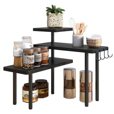 Imagem de IBUYKE Organizador de bancada, prateleiras de temperos de 3 camadas, prateleira de canto de balcão de cozinha, 4 ganchos laterais, prateleira de bancada ajustável para cozinha, banheiro, cafeteria