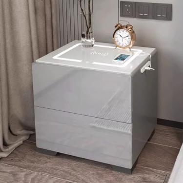 Imagem de Mesa de cabeceira para quarto, dois modos de carregamento, luz com sensor de toque de três cores, armário de armazenamento para sala de estar, quarto, sala de estar, escritório (cor: cinza, tamanho