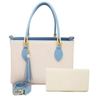 Imagem de Kit bolsa + carteira Tradicional Moderna Transversal Feminina (MARFIM/AZUL,M)