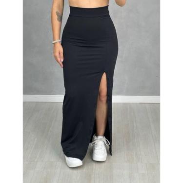 Imagem de Saia De Cintura Alta Longa Com Fenda Lateral Midi - NoBrand, Preto, G