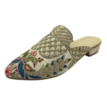 Imagem de Mules femininas étnicas abertas – Juttis indiano sem cadarço feito à mão | Sapatilhas Boho bordadas | Sapatos tradicionais confortáveis sem costas nuas para casamento, escritório e uso diário, Pavão