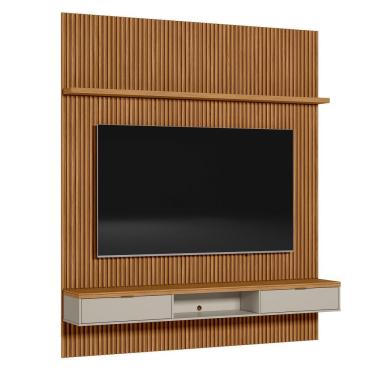 Imagem de Painel Ripado Marisa Com 1 Nicho Com Tampo Engrossado E 1 Prateleira Nature E Off White 220x250 Cm