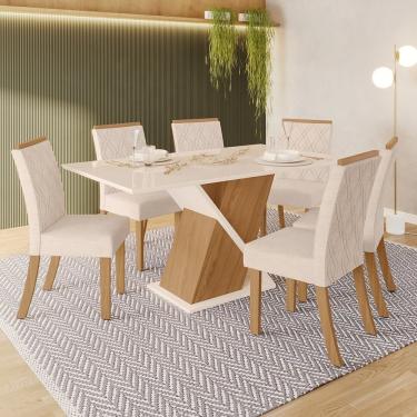 Imagem de Conjunto Sala De Jantar Tampo Mdf Canto Reto 6 Cadeiras Helena Nature/Off White/Linho
