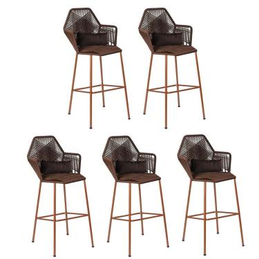 Imagem de Kit 05 Banqueta Alta Com Encosto Sttar Ferro Bronze Fibra Marrom Almofada Suede Marrom