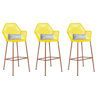 Imagem de Kit 03 Banqueta Alta Com Encosto Sttar Ferro Bronze Fibra Amarelo Almofada Suede Branco