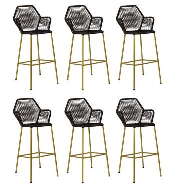 Imagem de Kit 06 Banqueta Alta Sttar Cozinha Ferro Dourado Fibra Preto