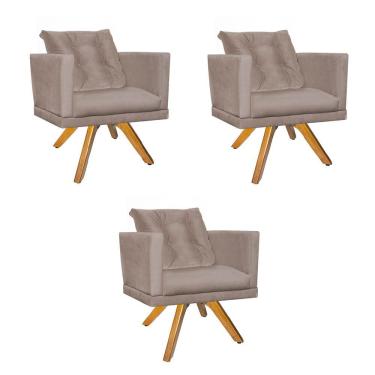 Imagem de Kit 03 Poltrona Cadeira Kim Luxo Confort Giratória Madeira Com Almofada Solta Corino Bege