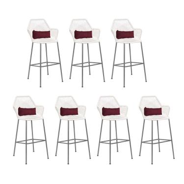 Imagem de Kit 07 Banqueta Alta Com Encosto Sttar Ferro Prata Fibra Branco Almofada Suede Bordô