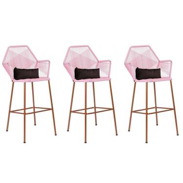 Imagem de Kit 03 Banqueta Alta Sttar Ferro Bronze Fibra Rosa Bebê Almofada Marrom