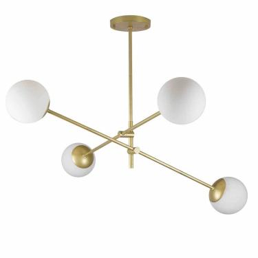 Imagem de Lustre Lirio Com 4 Globos Esfera De Vidro Branco - Ouro