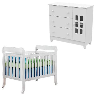 Imagem de Berço e Cômoda Infantil Lila e Mariah com 1 Porta e 3 Gavetas em MDF e MDP 154 cm Branco Carolina Baby