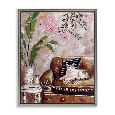 Imagem de Stupell Industries Desenho de arte de parede em tela flutuante com moldura cinza Cat Nap on Couch por Annabelle Hall, 43 x 53 cm