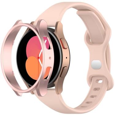 Imagem de QHBAMD Pulseira de relógio compatível com Samsung Galaxy Watch 6 de 40 mm e 44 mm, pulseira esportiva de silicone fino, impermeável, macia e ajustável, capa protetora de policarbonato (rosa rosa, 44