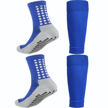 Imagem de KMOLY 1 Conjunto De Meias Futebol E Caneleiras Para Crianças 7 A 14 Anos, Treinamento Basquete (Azul)